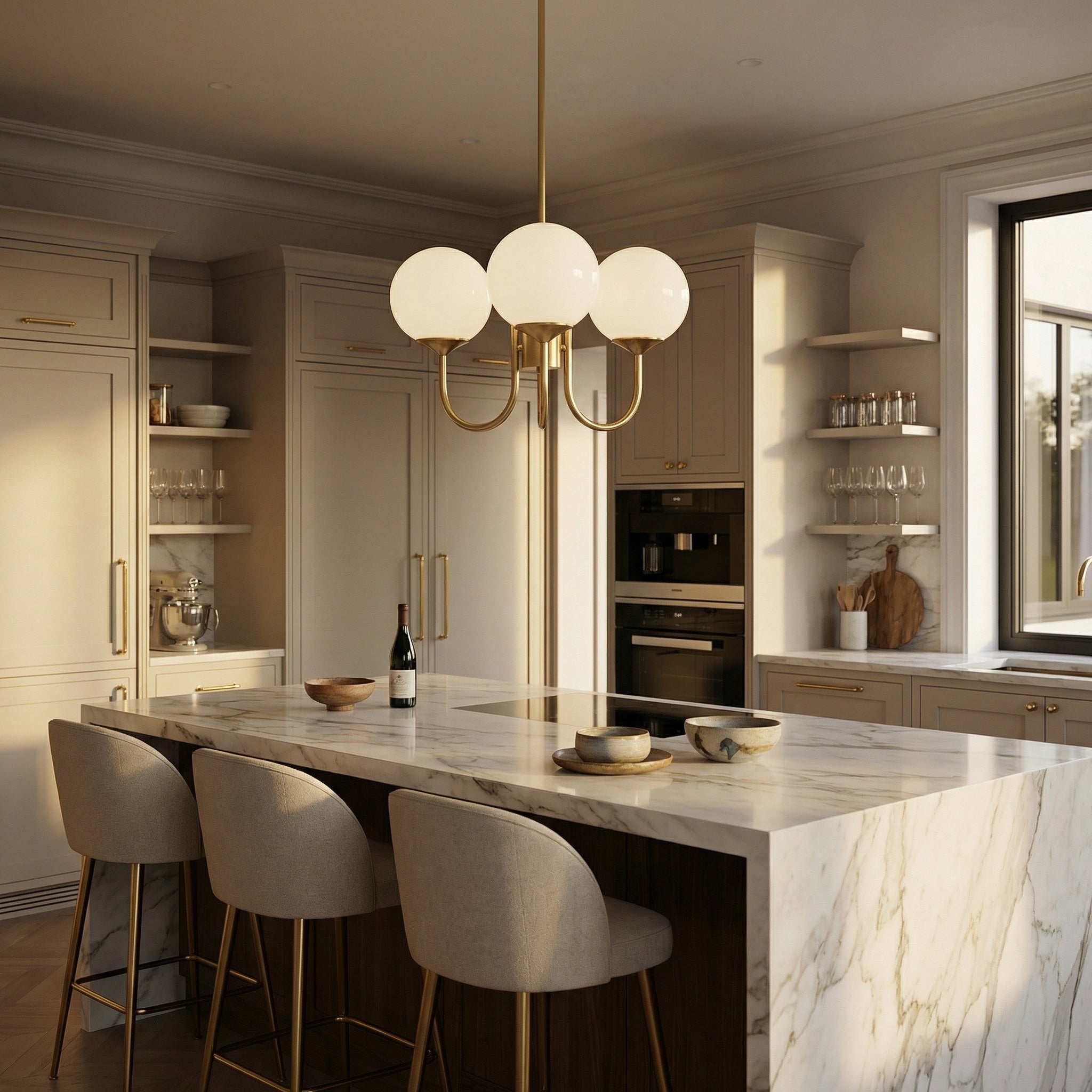 Mindelo Pink Glass Multi-Head Pendant Light hanging above a marble kitchen island in a bright daylight kitchen.