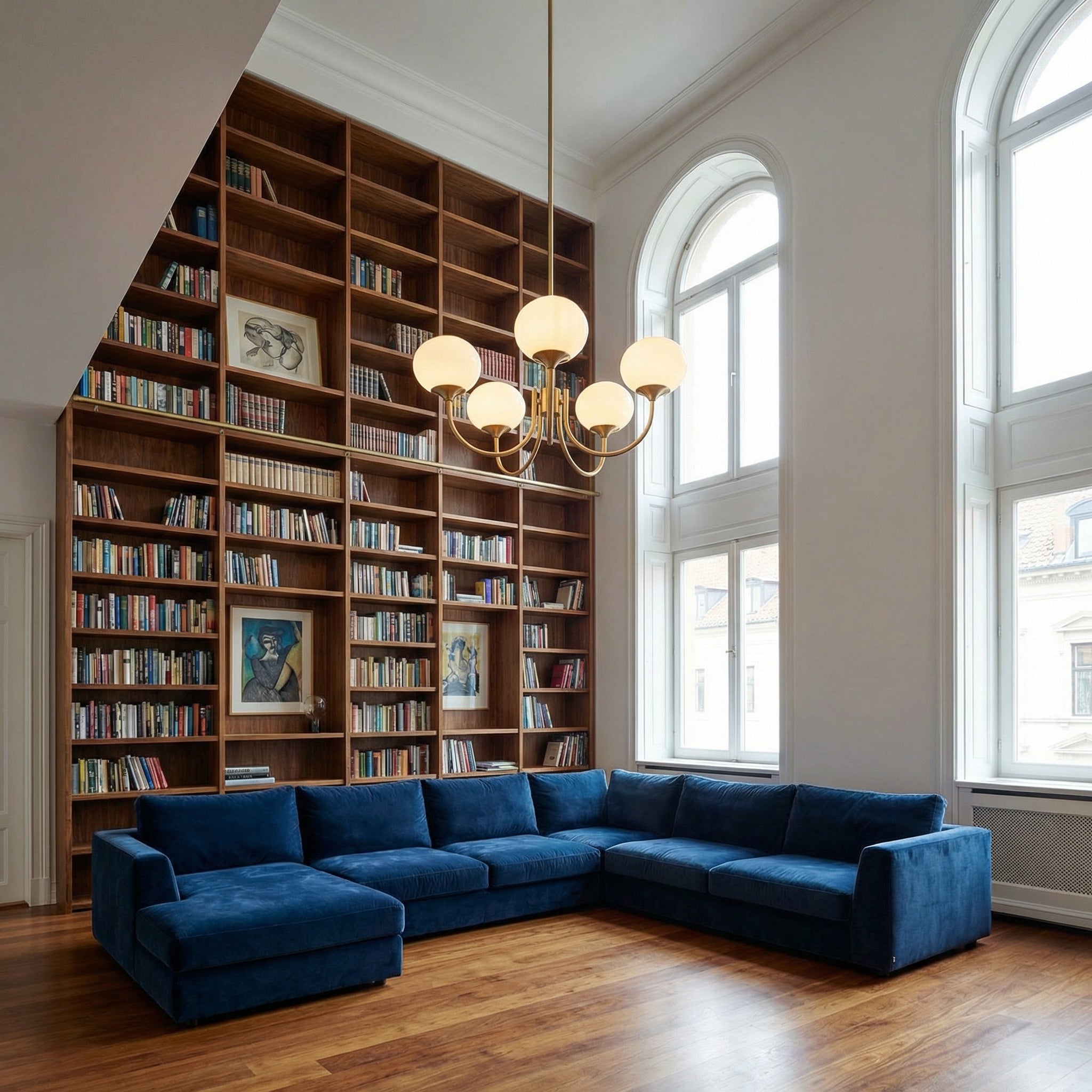 Mindelo Pink Glass Multi-Head Pendant Light in a double-height living room with library shelves and arched windows.