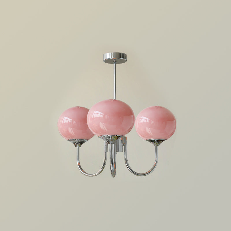Mindelo Pink Glass Multi-Head Pendant Light, three-head version with pink glass shades and chrome fittings, full view.