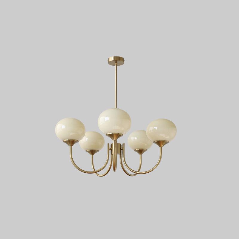 Mindelo Pink Glass Multi-Head Pendant Light, five-head version with cream glass shades and copper fittings, full view.