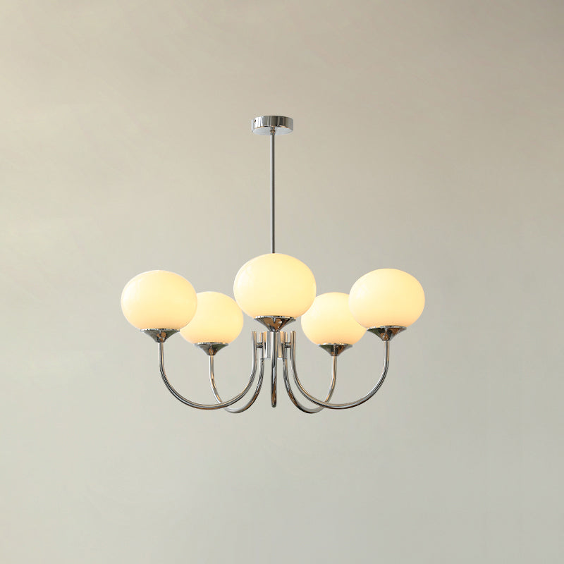 Mindelo Pink Glass Multi-Head Pendant Light, five-head version with cream glass shades and chrome fittings, lights on.