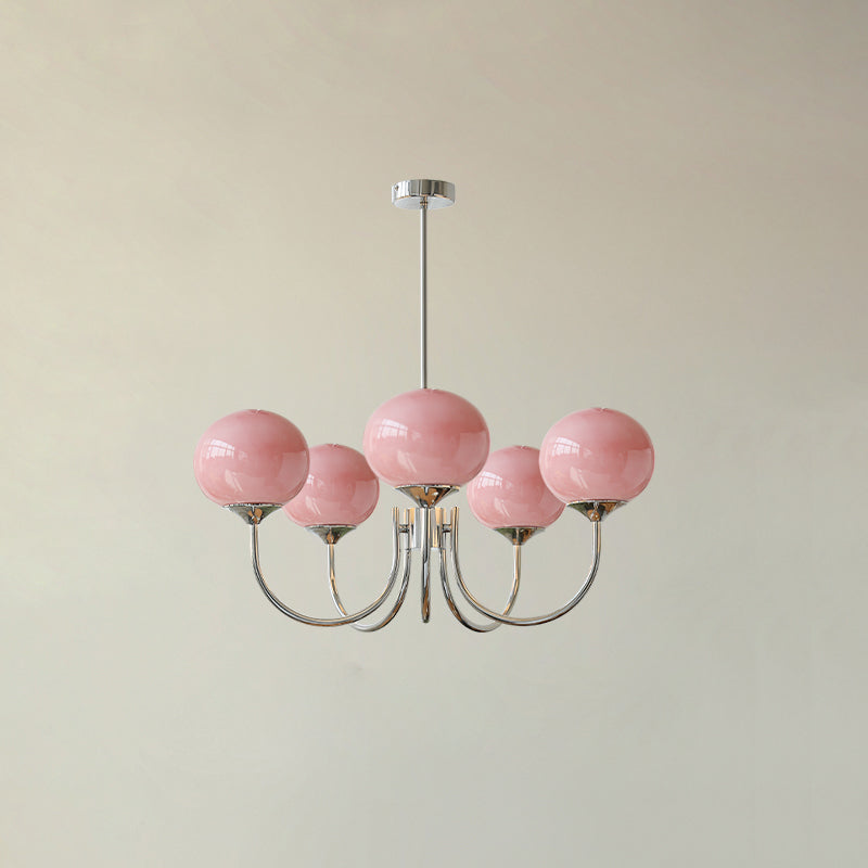 Mindelo Pink Glass Multi-Head Pendant Light, five-head version with pink glass shades and chrome fittings, full view.