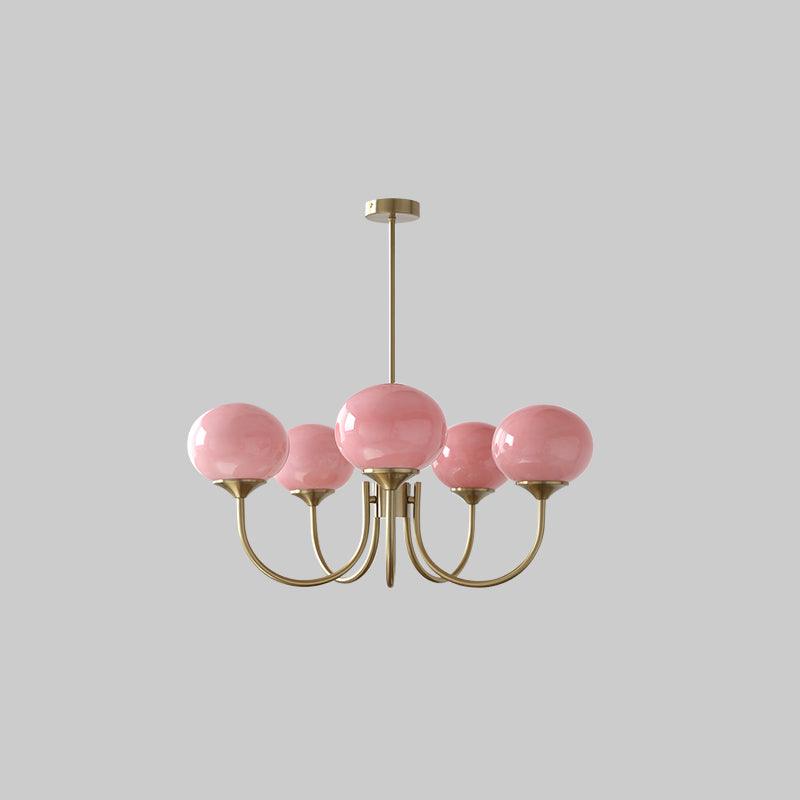 Mindelo Pink Glass Multi-Head Pendant Light, five-head version with pink glass shades and copper fittings, gray backdrop.