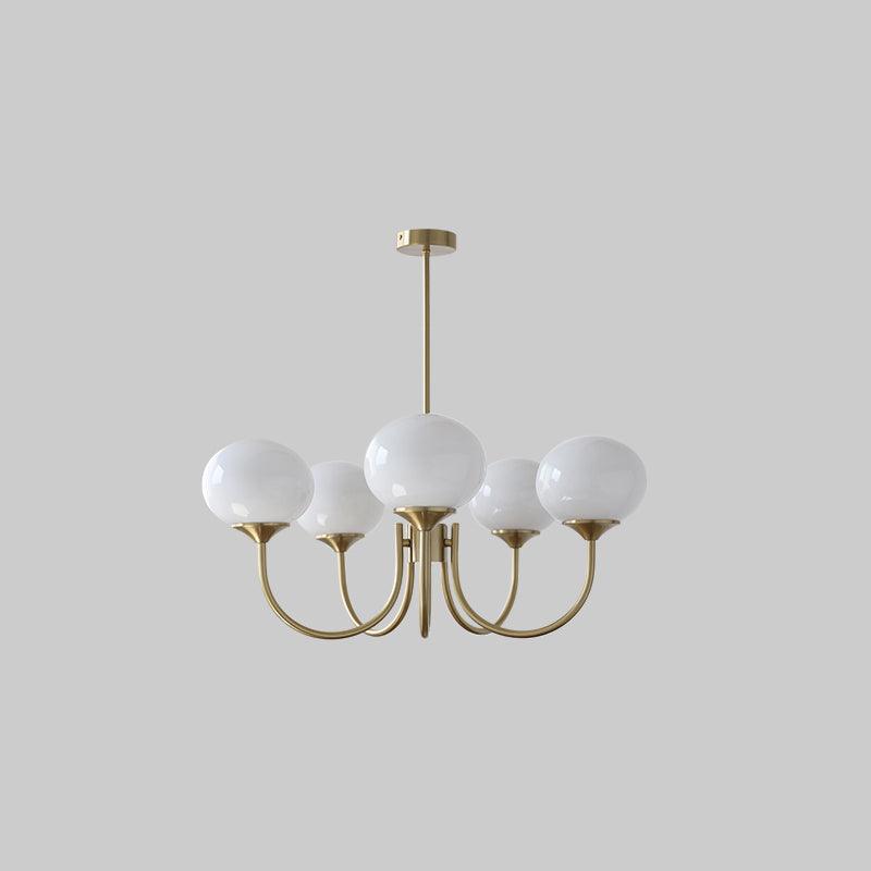 Mindelo Pink Glass Multi-Head Pendant Light, five-head version with white glass shades and copper fittings, full view.
