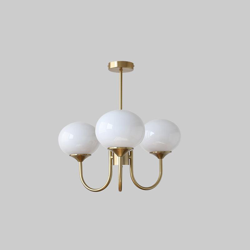 Mindelo Pink Glass Multi-Head Pendant Light, three-head version with white glass shades and copper fittings, full view.