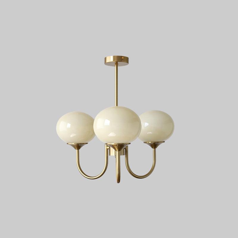 Mindelo Pink Glass Multi-Head Pendant Light, three-head version with cream glass shades and copper fittings, full view.