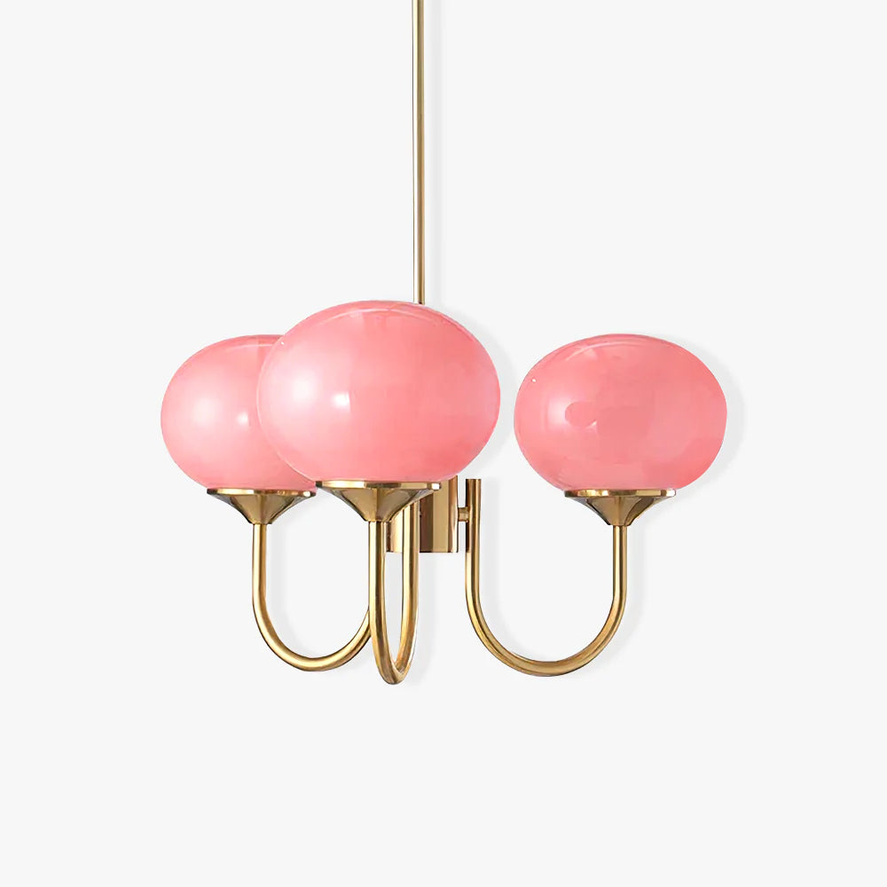 Mindelo Pink Glass Multi-Head Pendant Light, three-head version with pink glass shades and copper fittings, alternate angle.