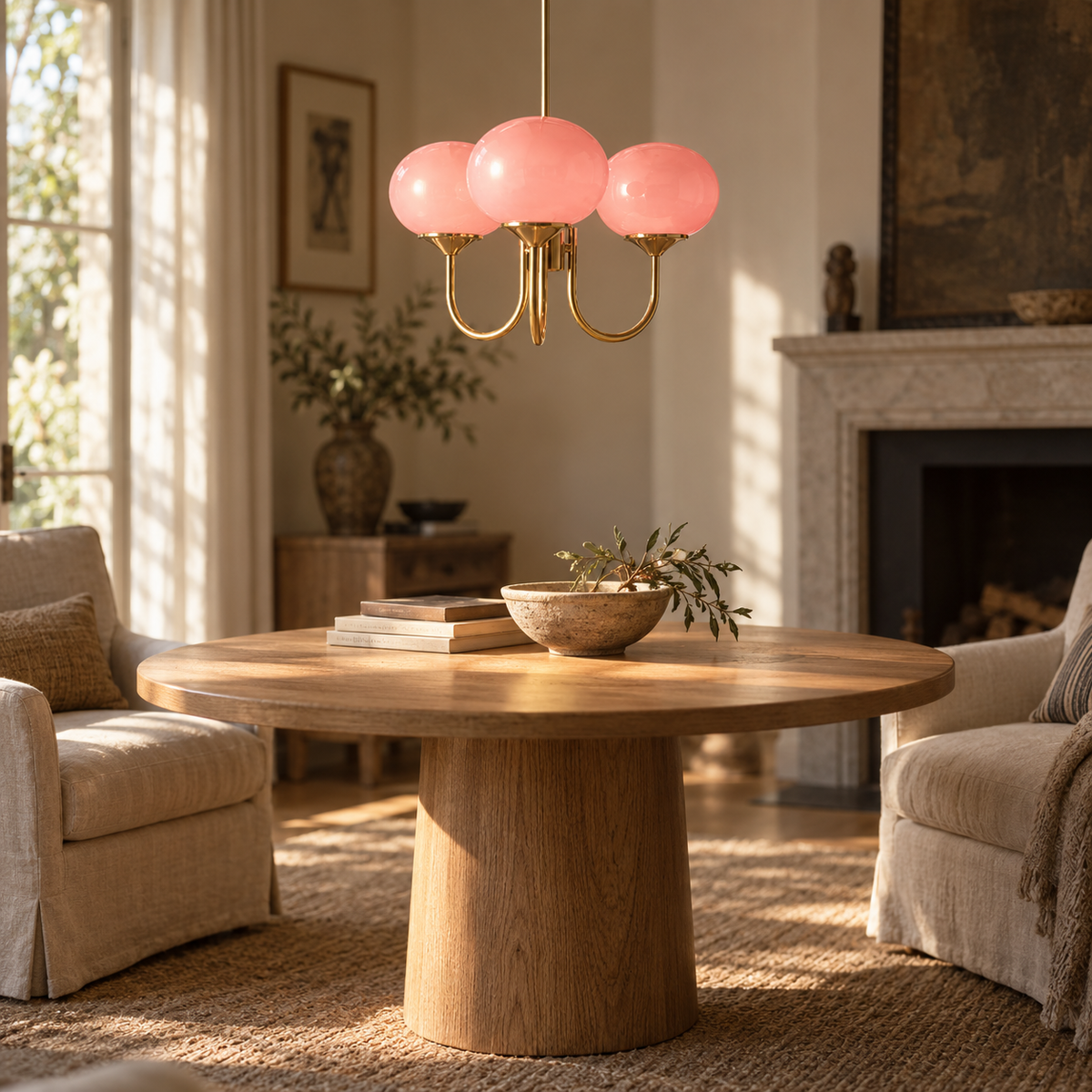 Mindelo pink glass multi-head pendant light, chrome fitting, in a living room.