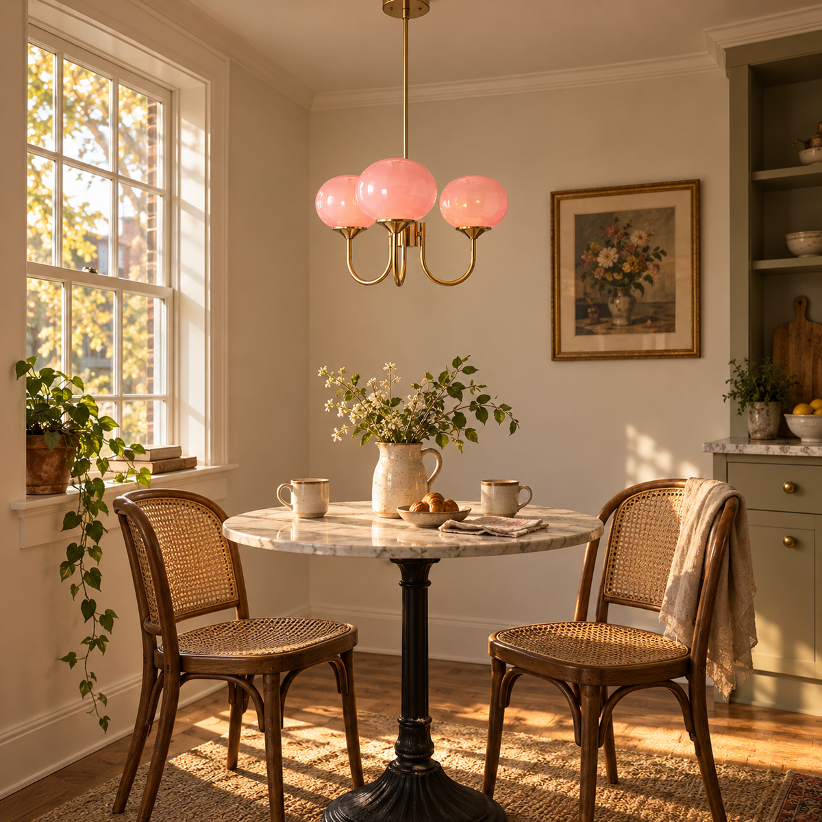 Mindelo pink glass multi-head pendant light, copper fitting, in a breakfast nook.