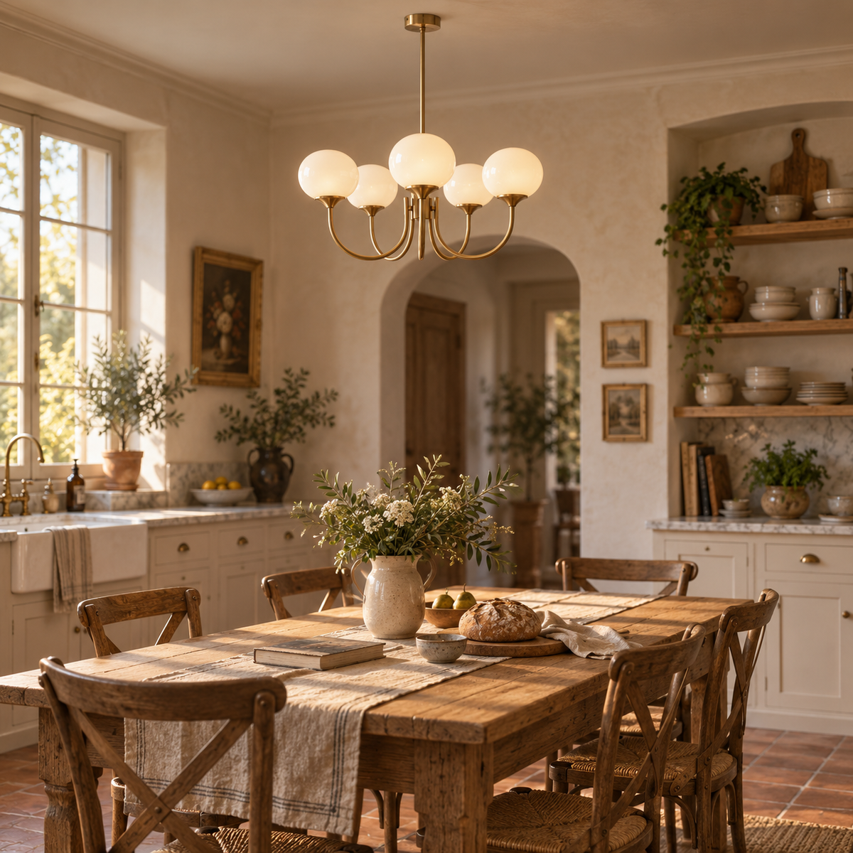 Mindelo pink glass multi-head pendant light in cream, in a kitchen.