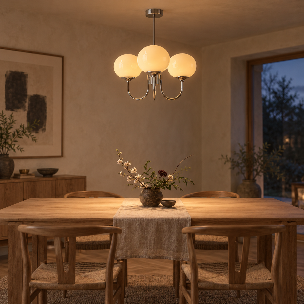 Mindelo pink glass multi-head pendant light in cream, in a dining room.