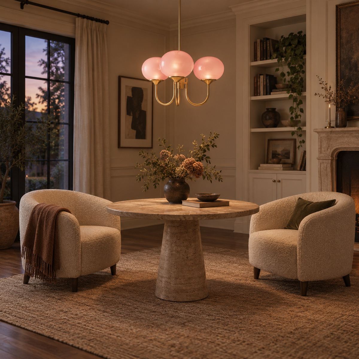 Mindelo pink glass multi-head pendant light in pink, in a conversation corner.