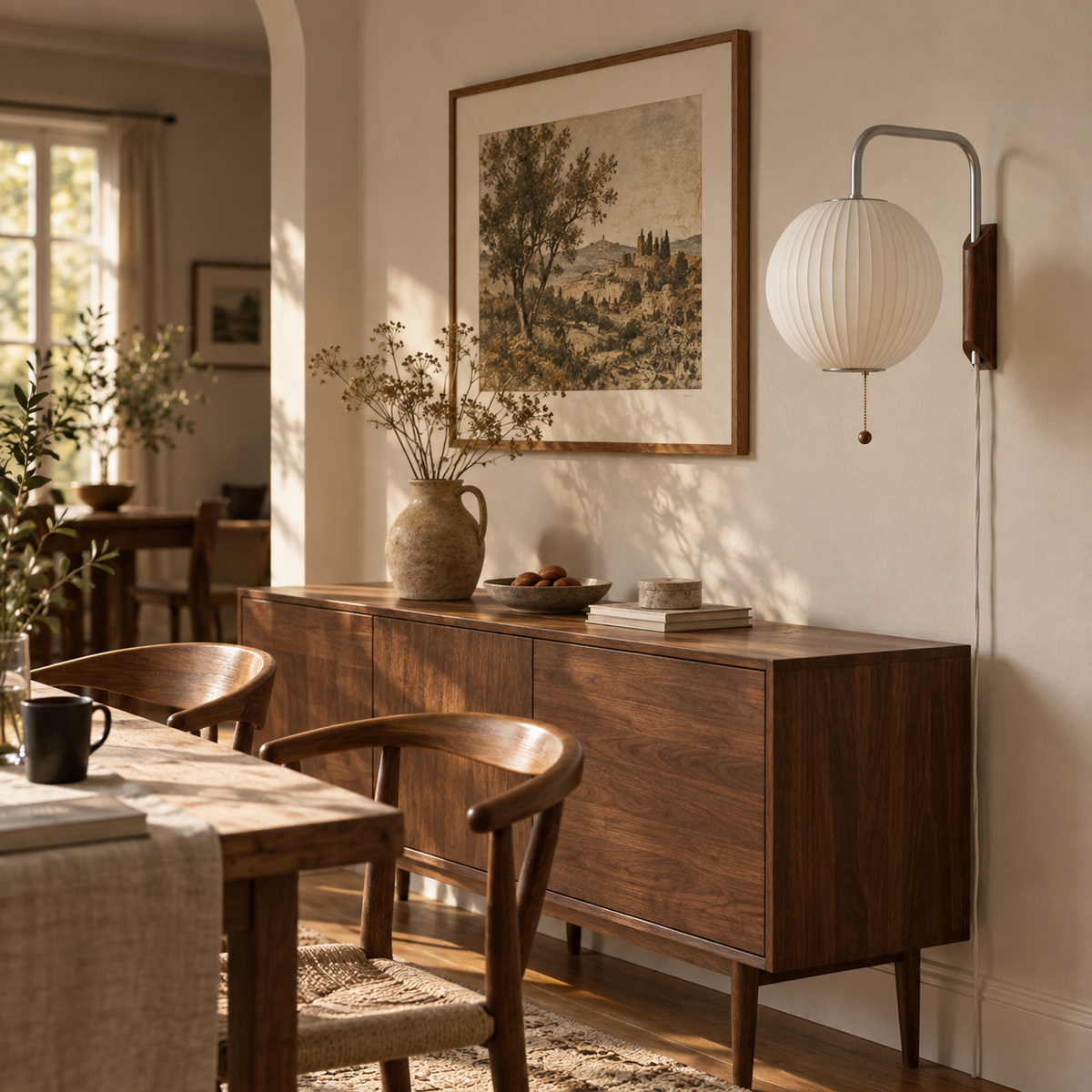 Mirandela globe adjustable wall sconce, in a dining room.