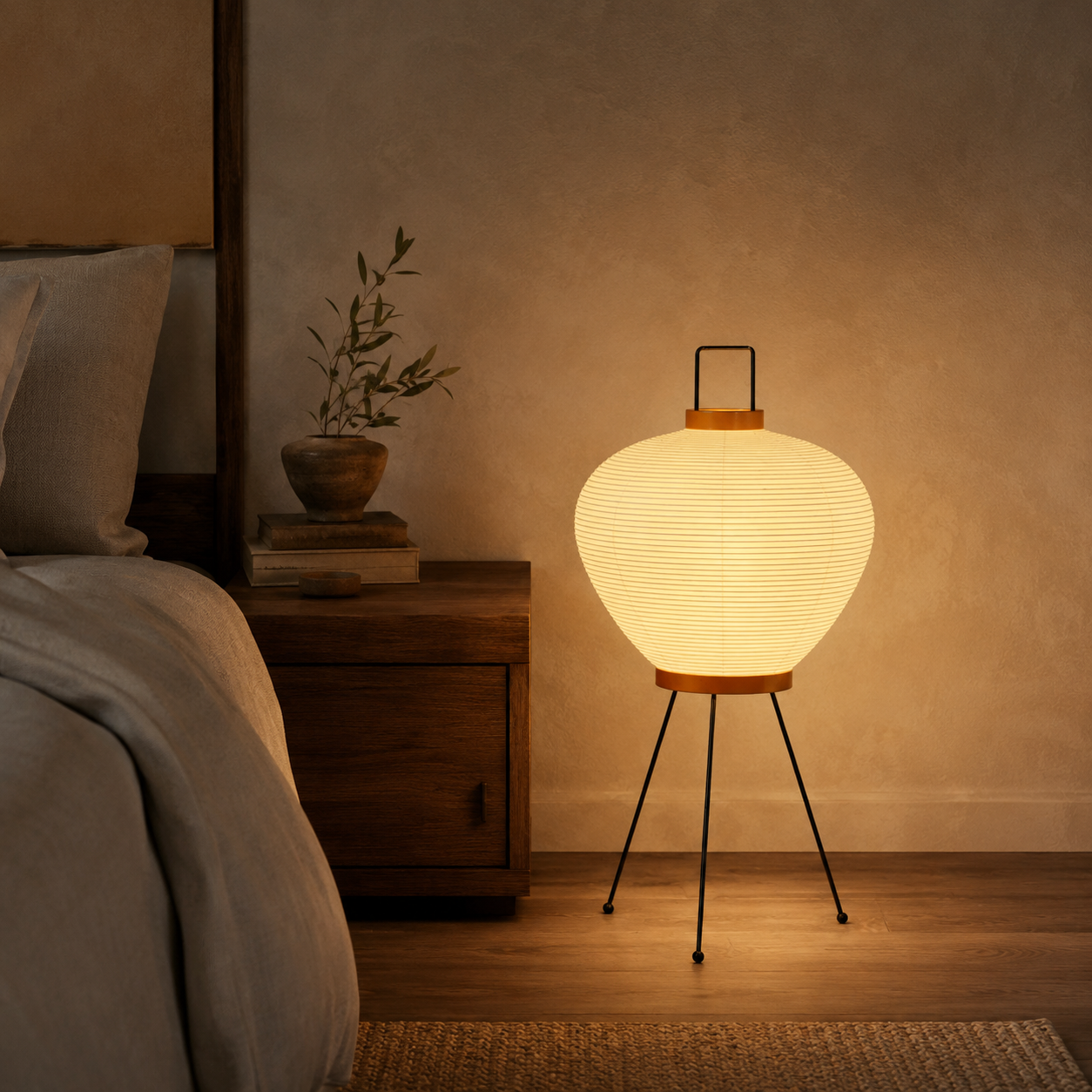 Handmade mulberry paper lamp on a wooden console at dusk.