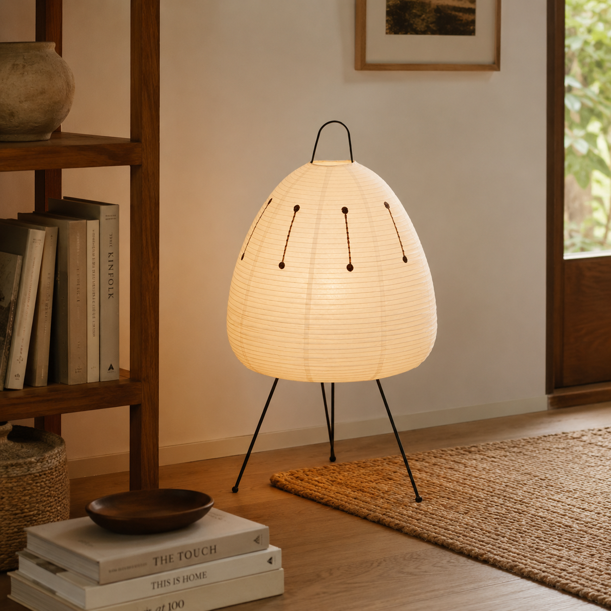 Handmade mulberry paper lamp beside a curved boucle sofa.