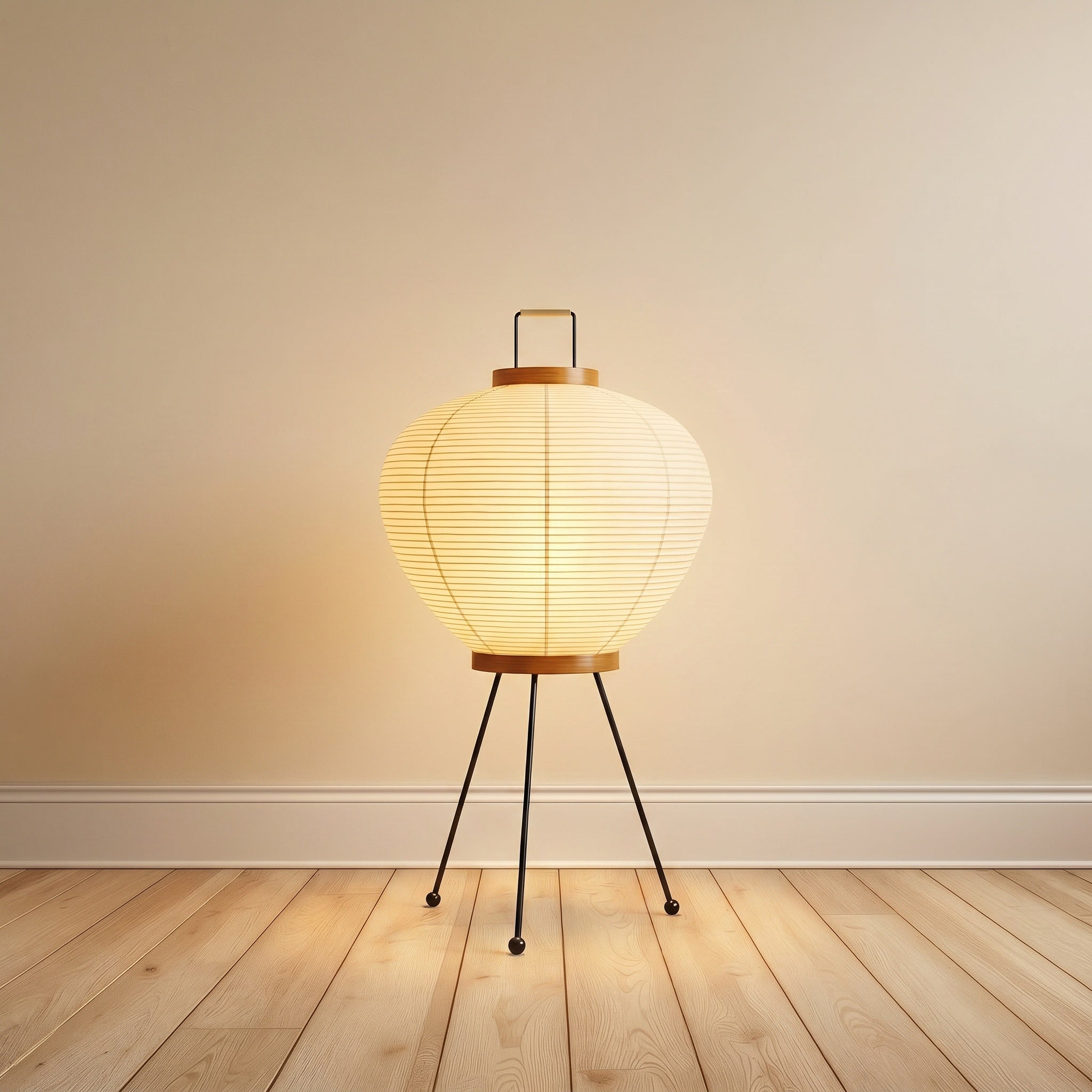 Mulberry paper table lamp, slim column form, on a black metal tripod.
