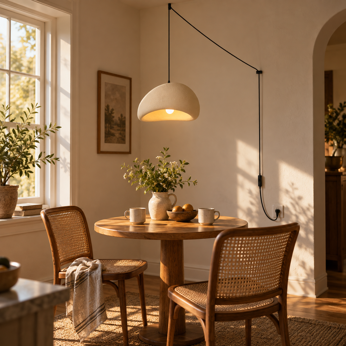 Mosteiros polystyrene cloud pendant light in beige, in a breakfast nook.