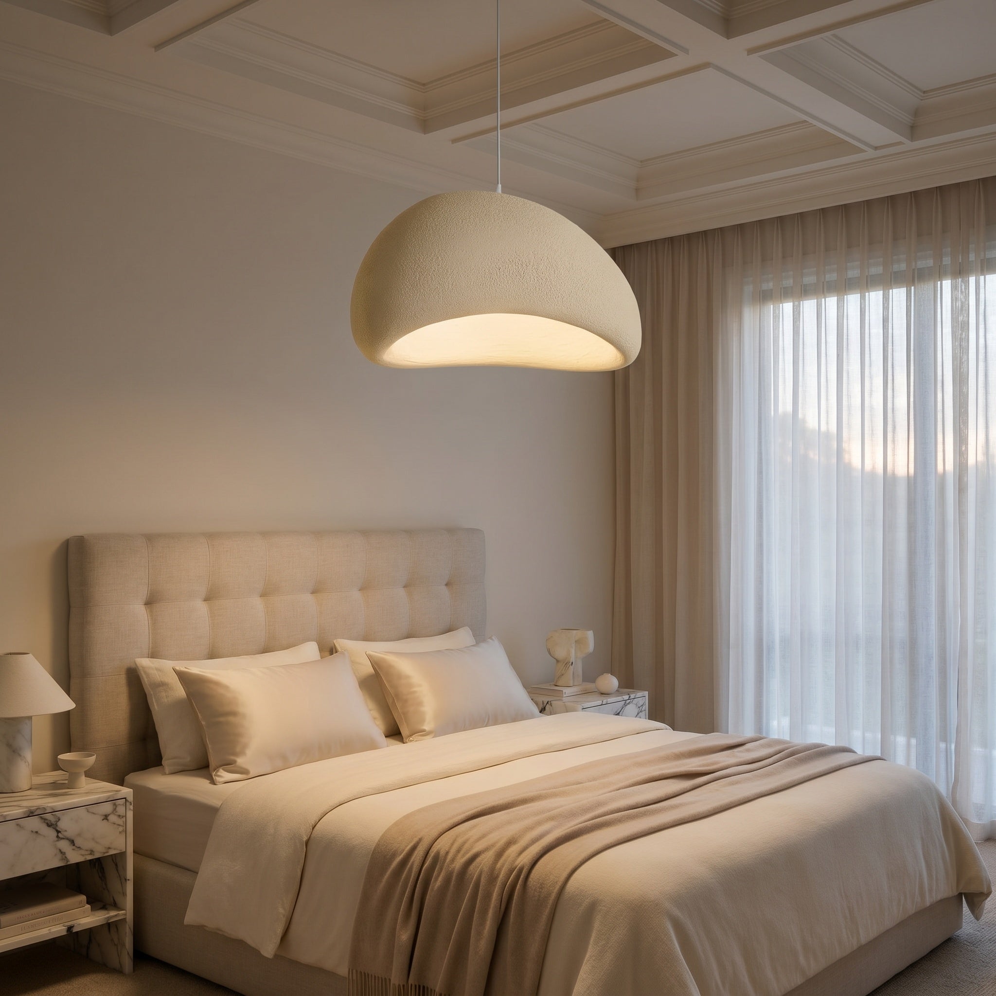 Mosteiros. polystyrene cloud pendant light glowing above a cozy nursery crib corner