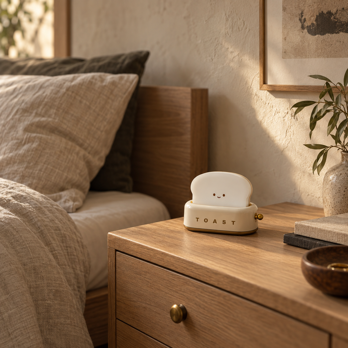 Nazaré portable LED table lamp in almond yellow, in a bedroom.