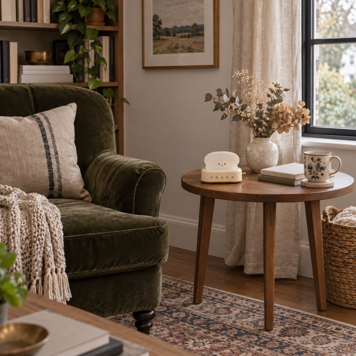 Nazaré portable LED table lamp in green, in a living room.