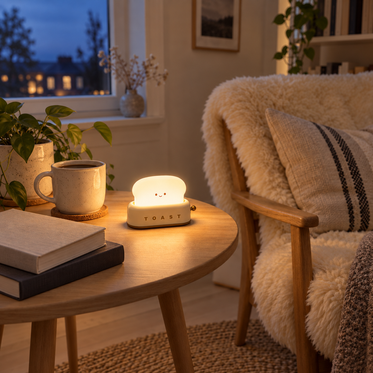 Nazaré portable LED table lamp in pink, in a reading nook.