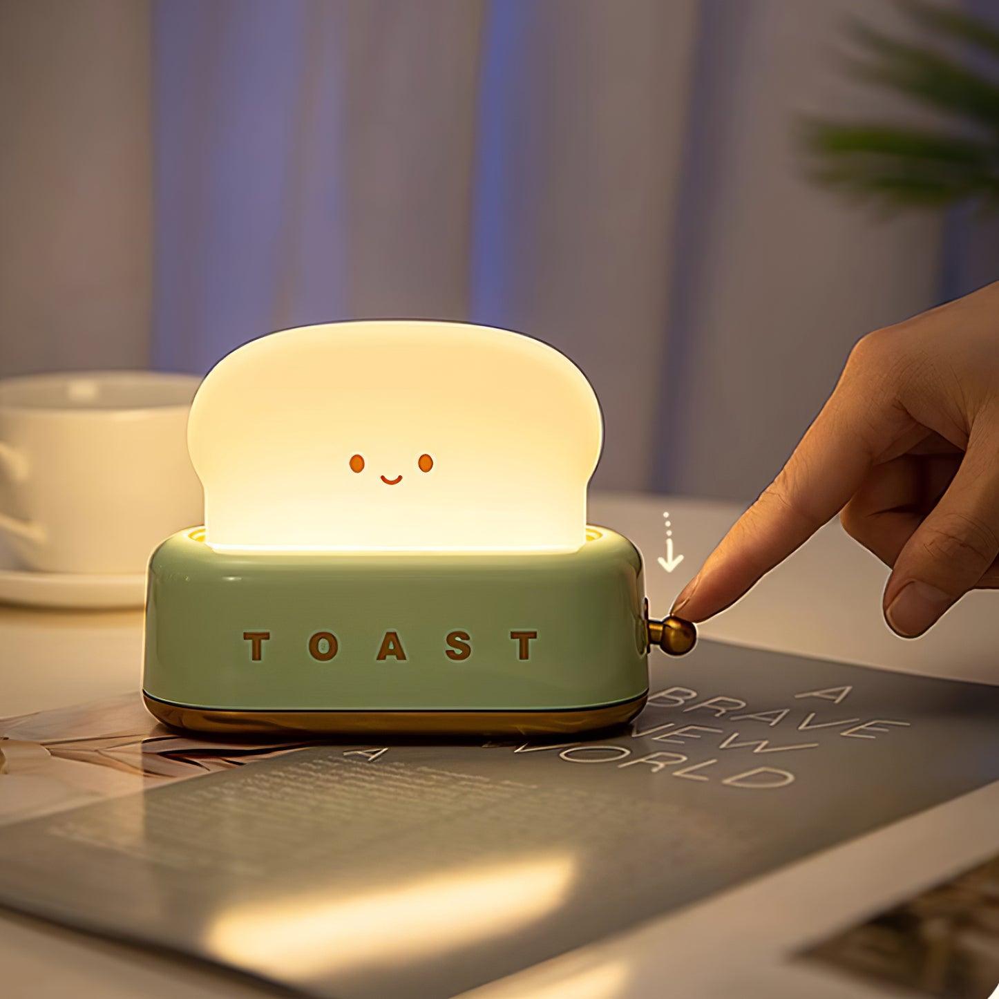 Toaster-shape LED night light in a kid's room.