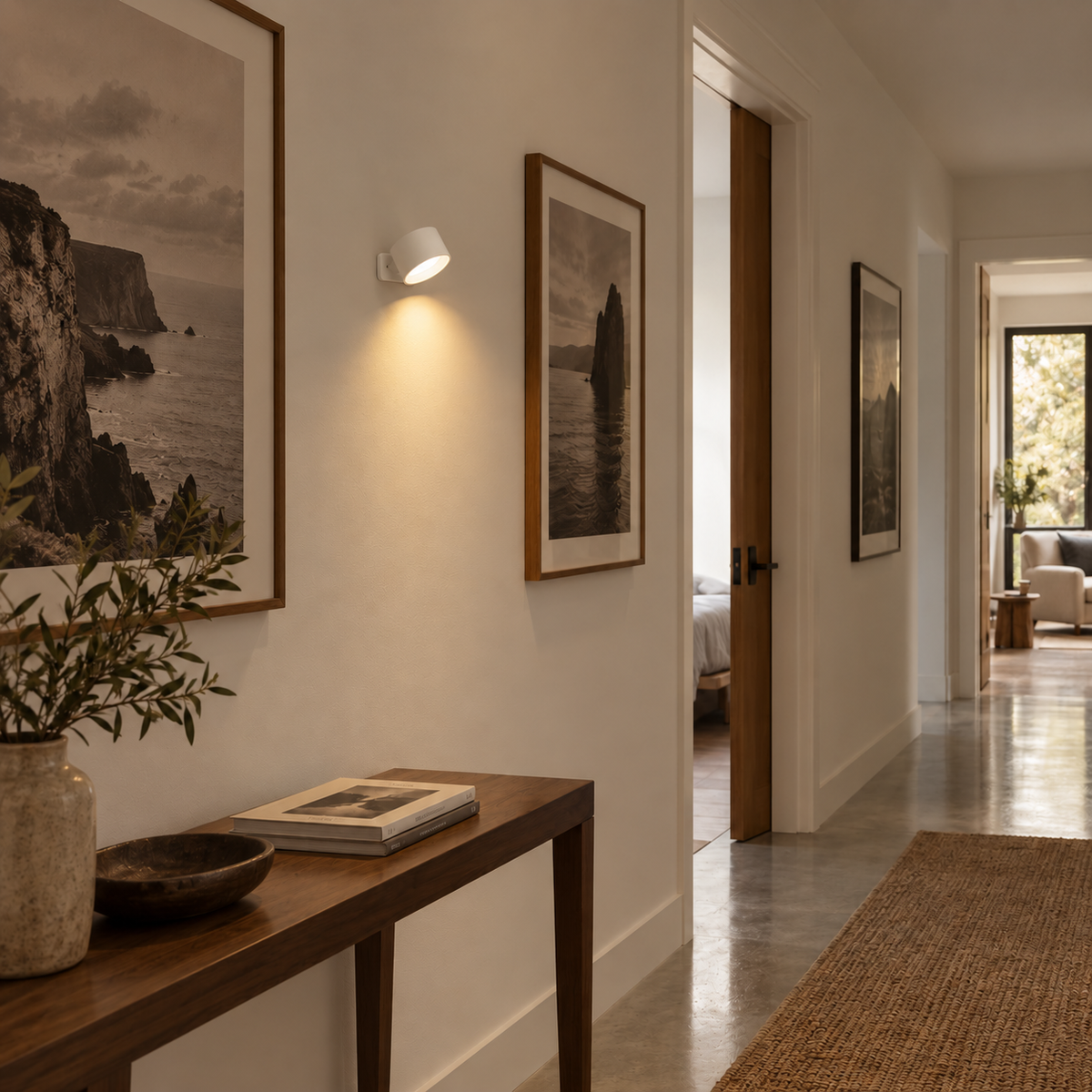 Nisa rechargeable LED pivot wall sconce in white, in a hallway.