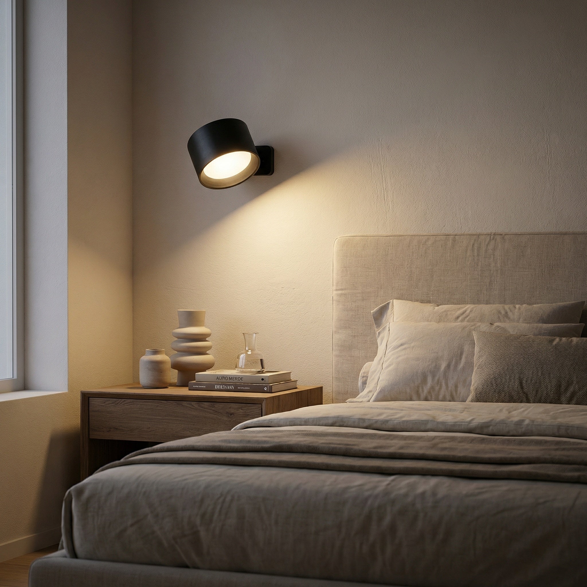 Nisa rechargeable LED wall sconce mounted beside a cozy reading corner armchair