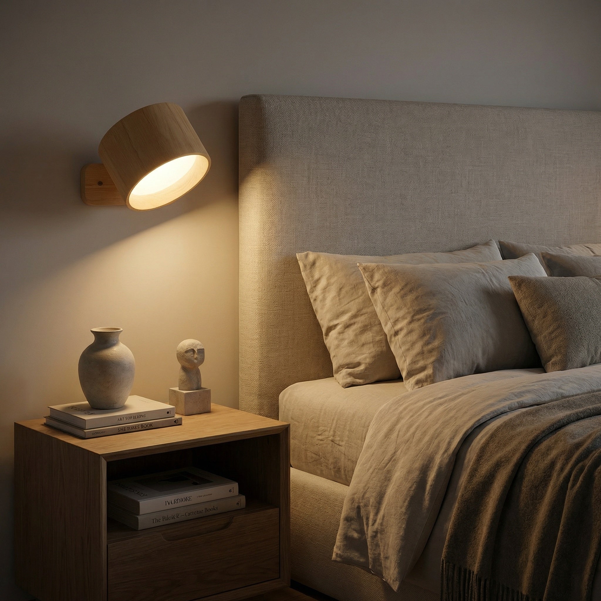 Nisa rechargeable LED wall sconce on a living room wall near a sofa