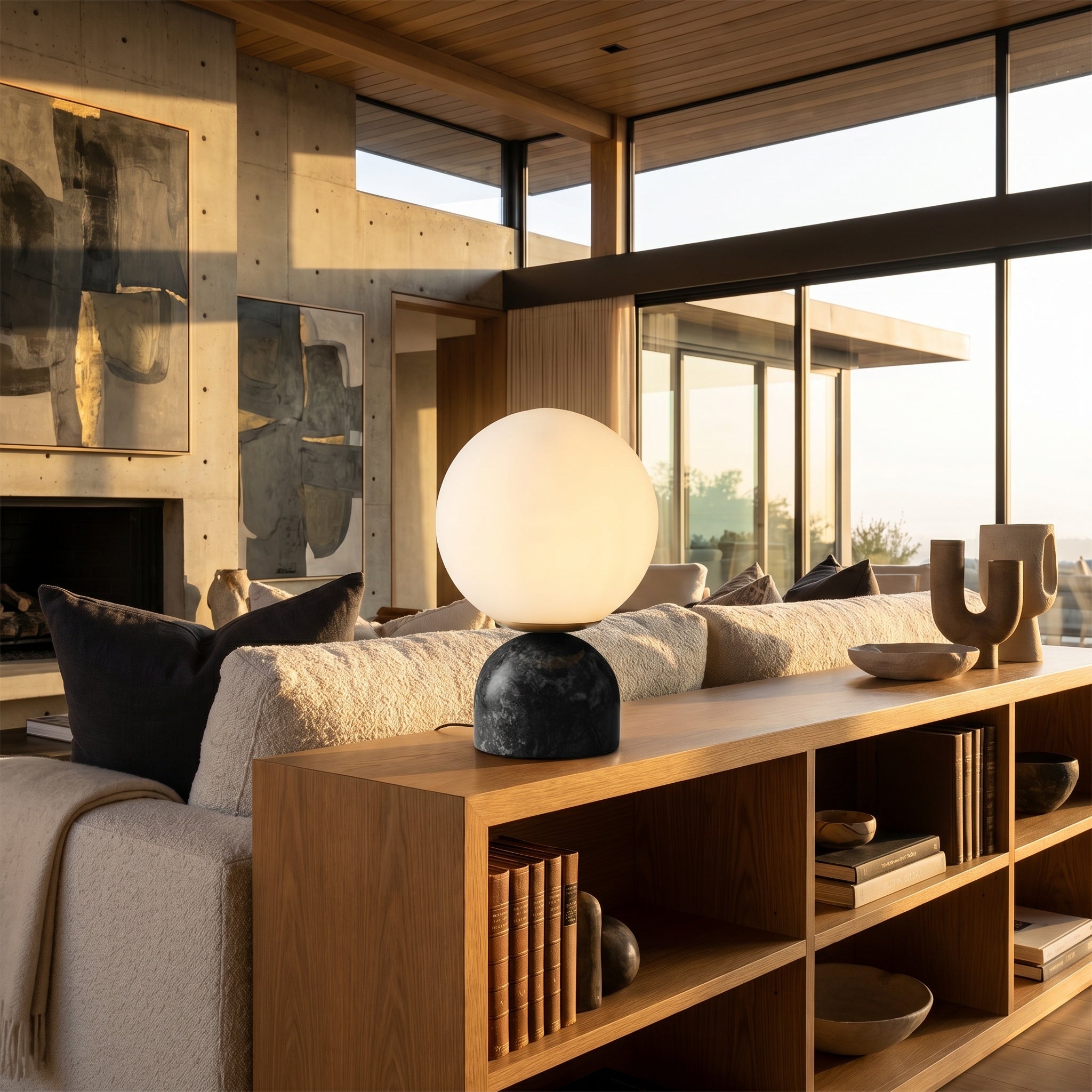 Black marble table lamp on a wood console with city sunset view.