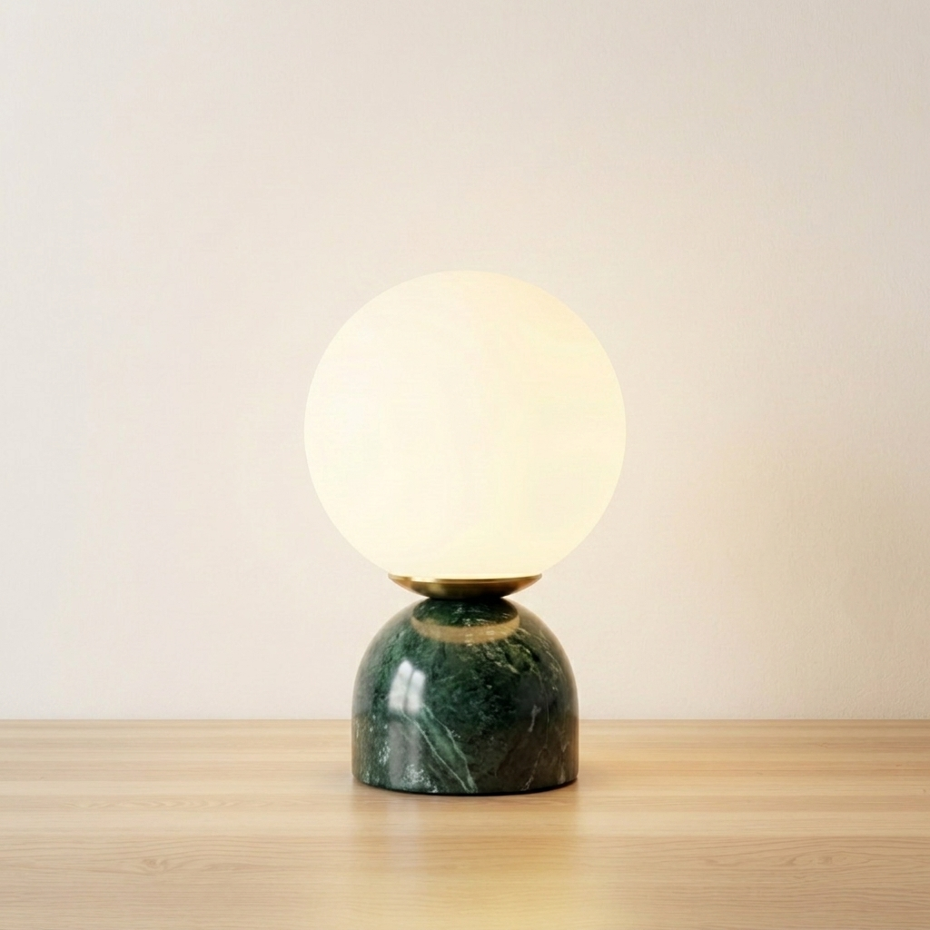 Marble table lamp with green veined base and frosted glass orb, product shot.