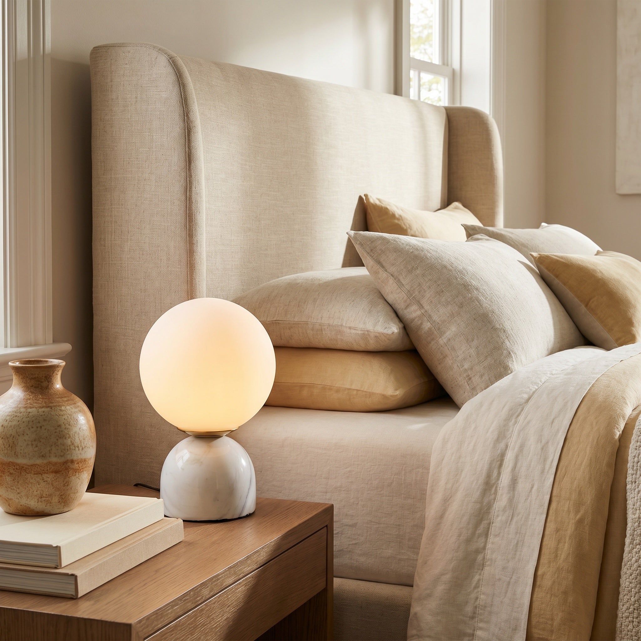 White marble table lamp on a nightstand beside a linen-headboard bed.
