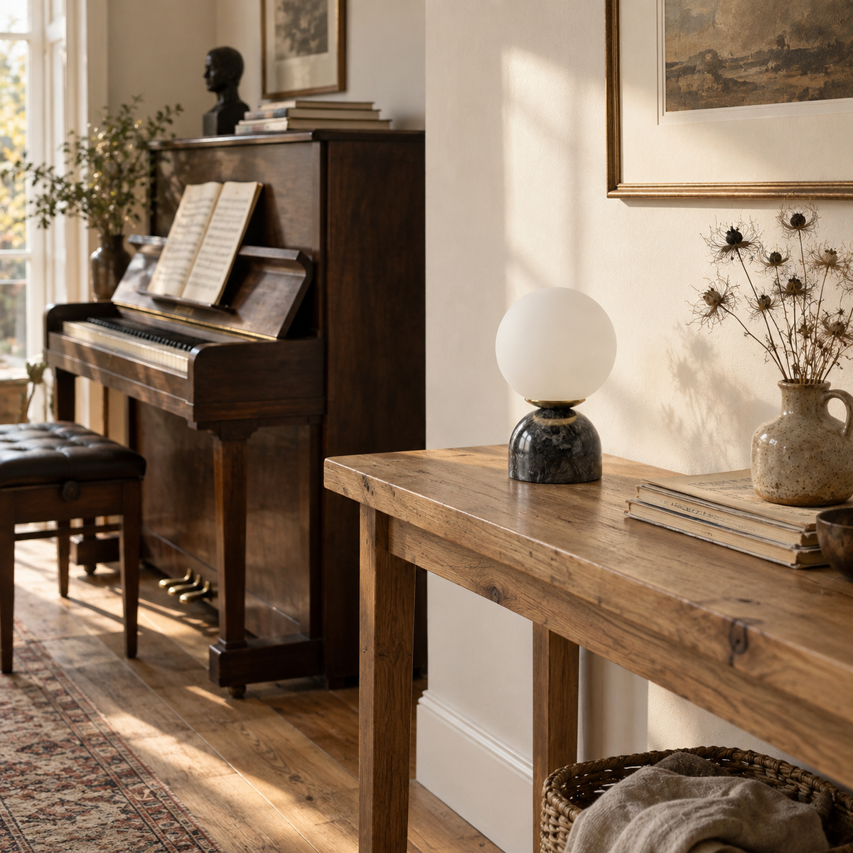 Óbidos marble table lamp in black, beside a console table.