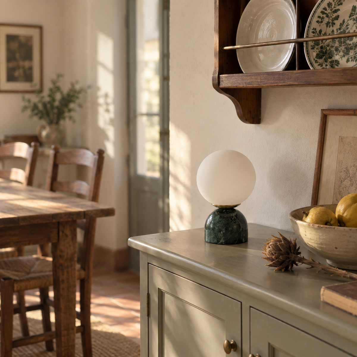 Óbidos marble table lamp in green, in a dining room.