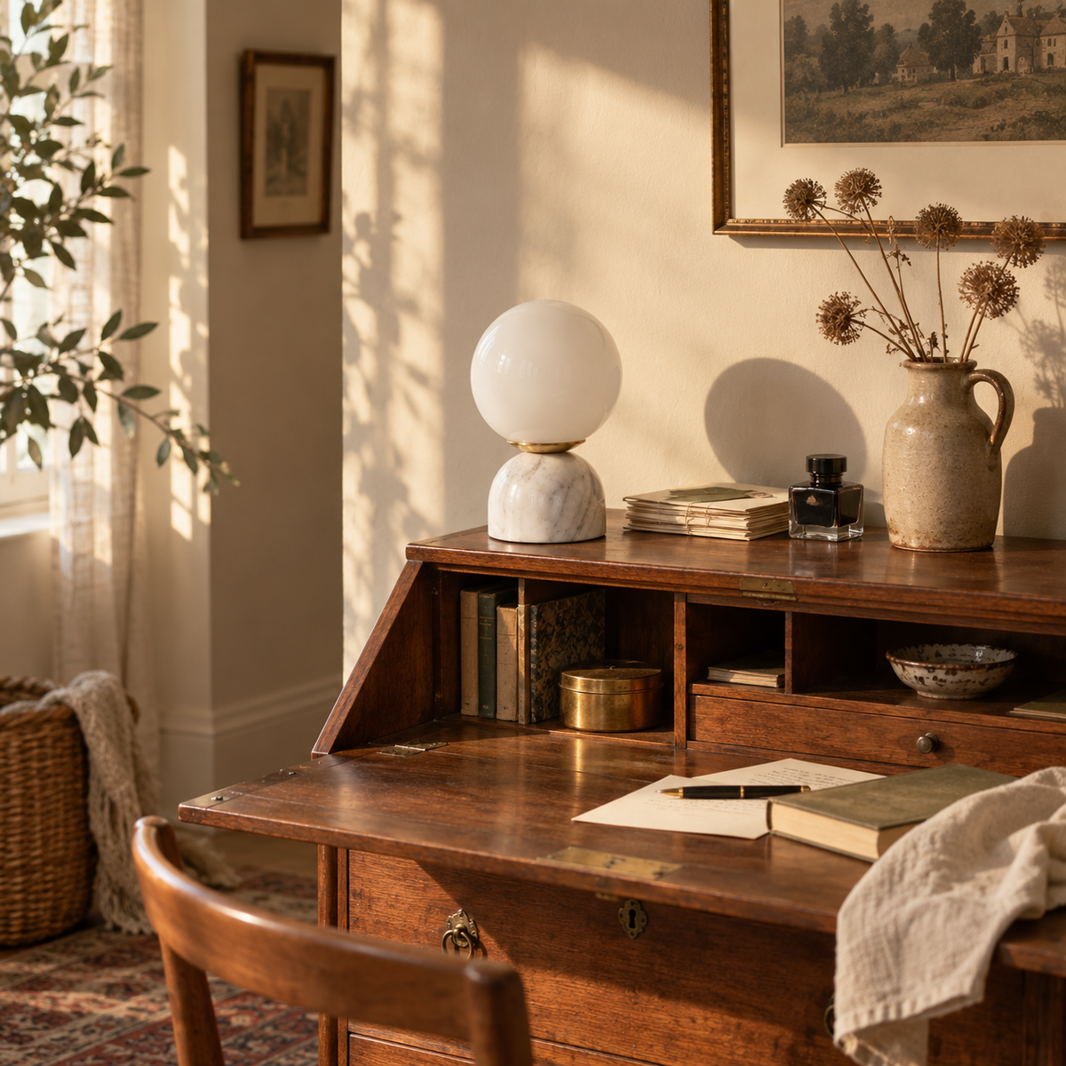 Óbidos marble table lamp in white, in a living room.