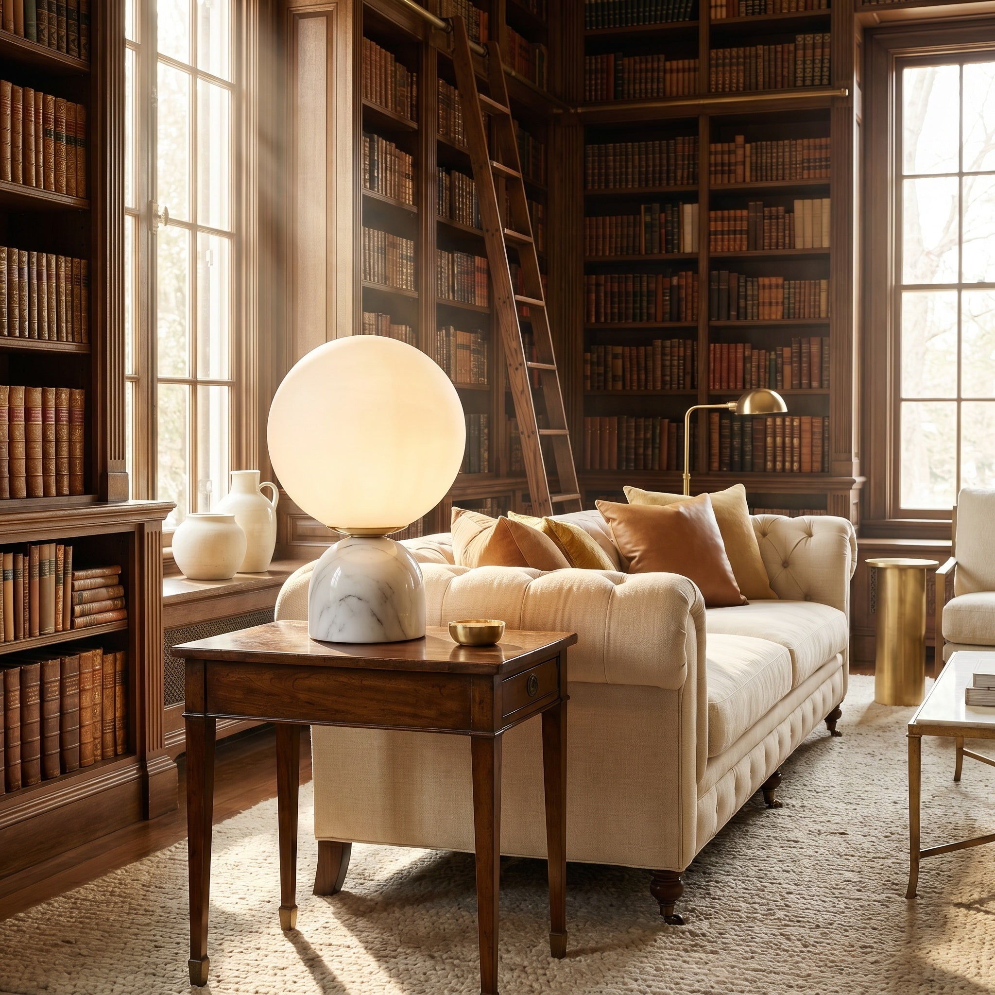 White marble table lamp on a console in a wood-paneled library with leather sofa.