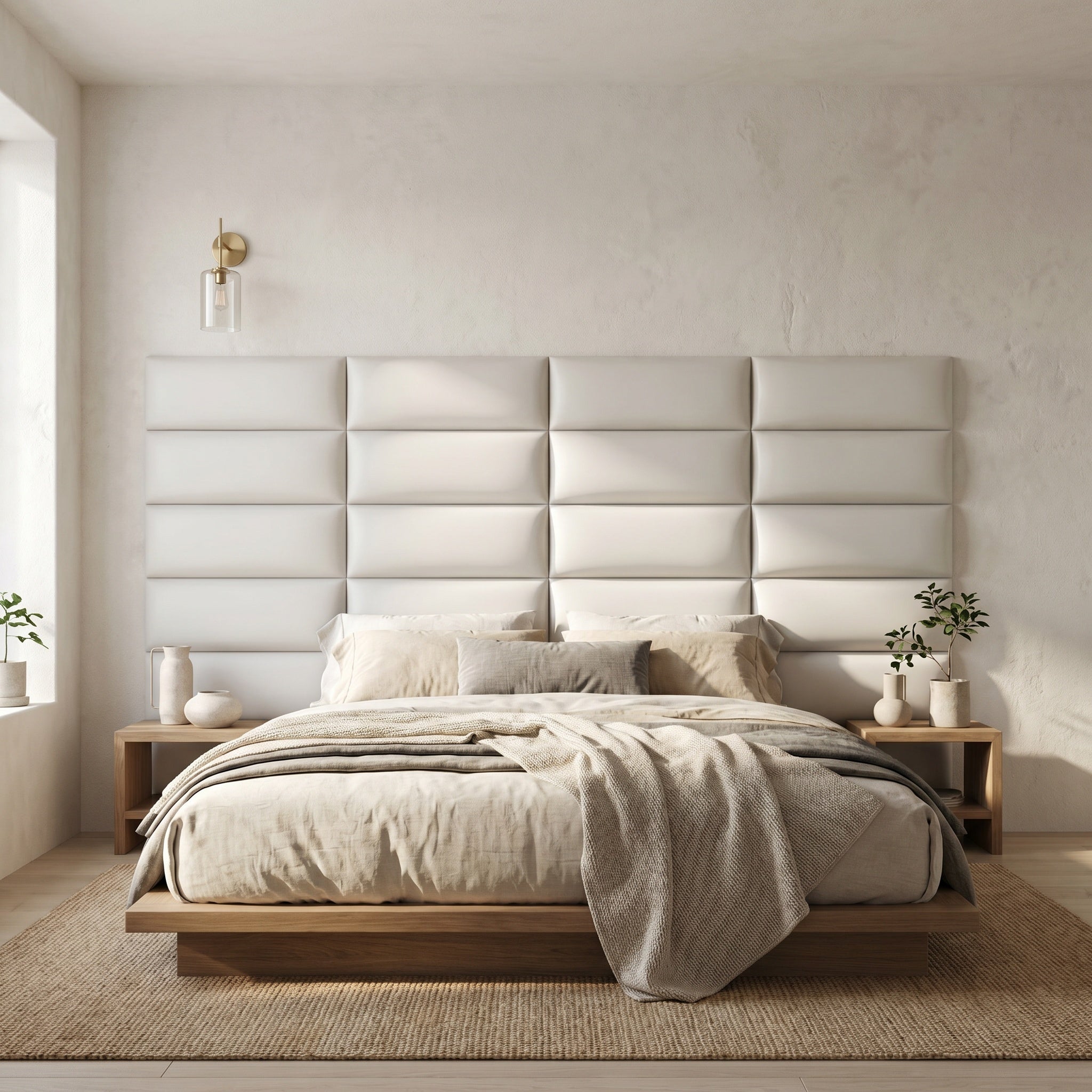 Onda quilted faux leather panels in a living room, sofa back wall.