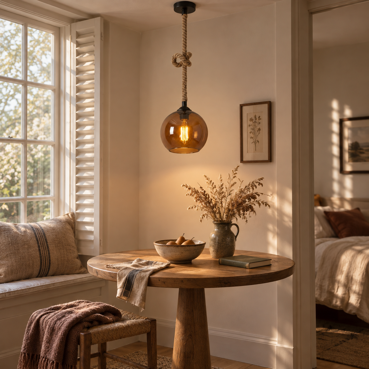 Peniche hemp rope glass globe pendant light in amber, in a window nook.