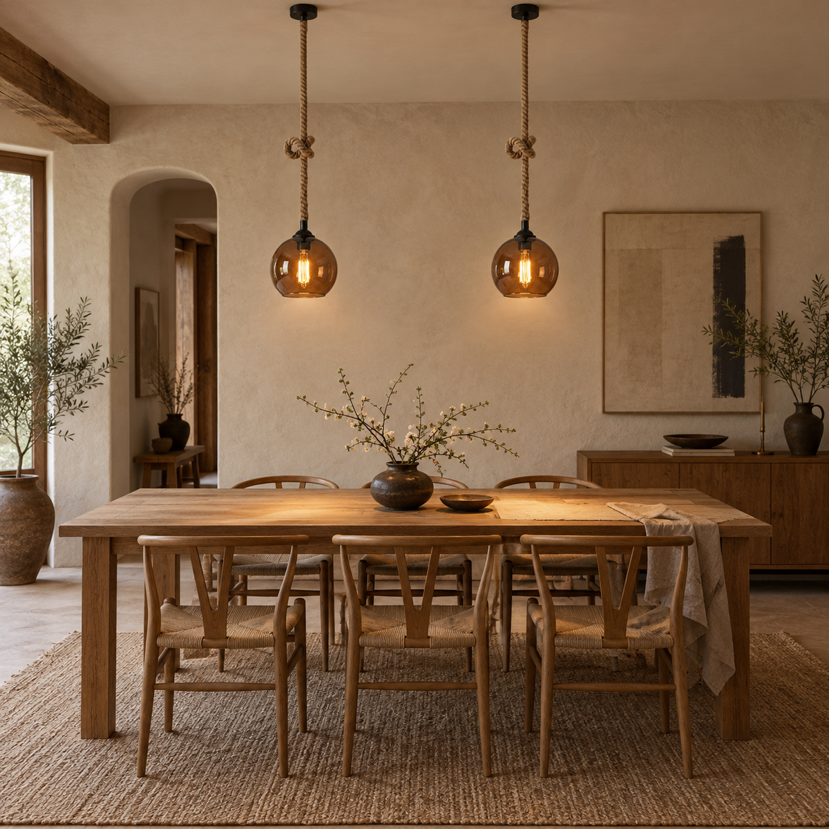 Peniche hemp rope glass globe pendant light in amber, hung as a row of 2 in a dining room.