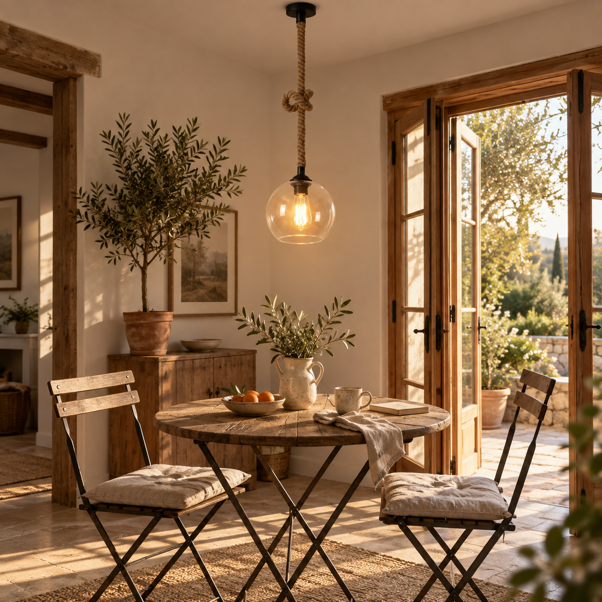 Peniche hemp rope glass globe pendant light in clear, in a garden.