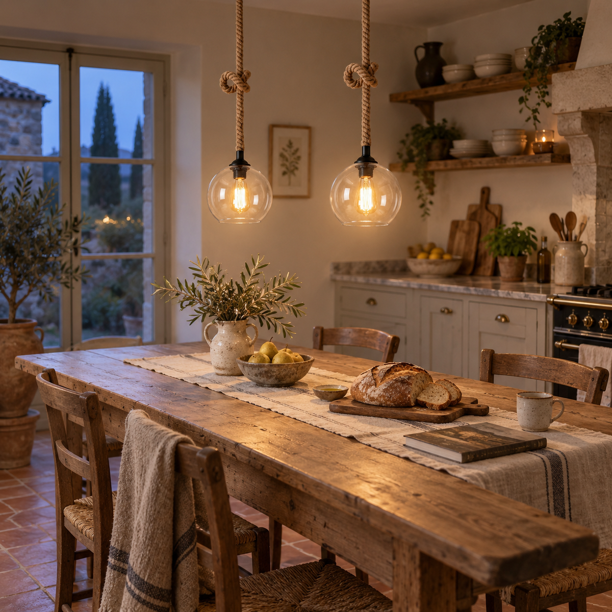 Peniche hemp rope glass globe pendant light in clear, hung as a row of 2 in a kitchen.