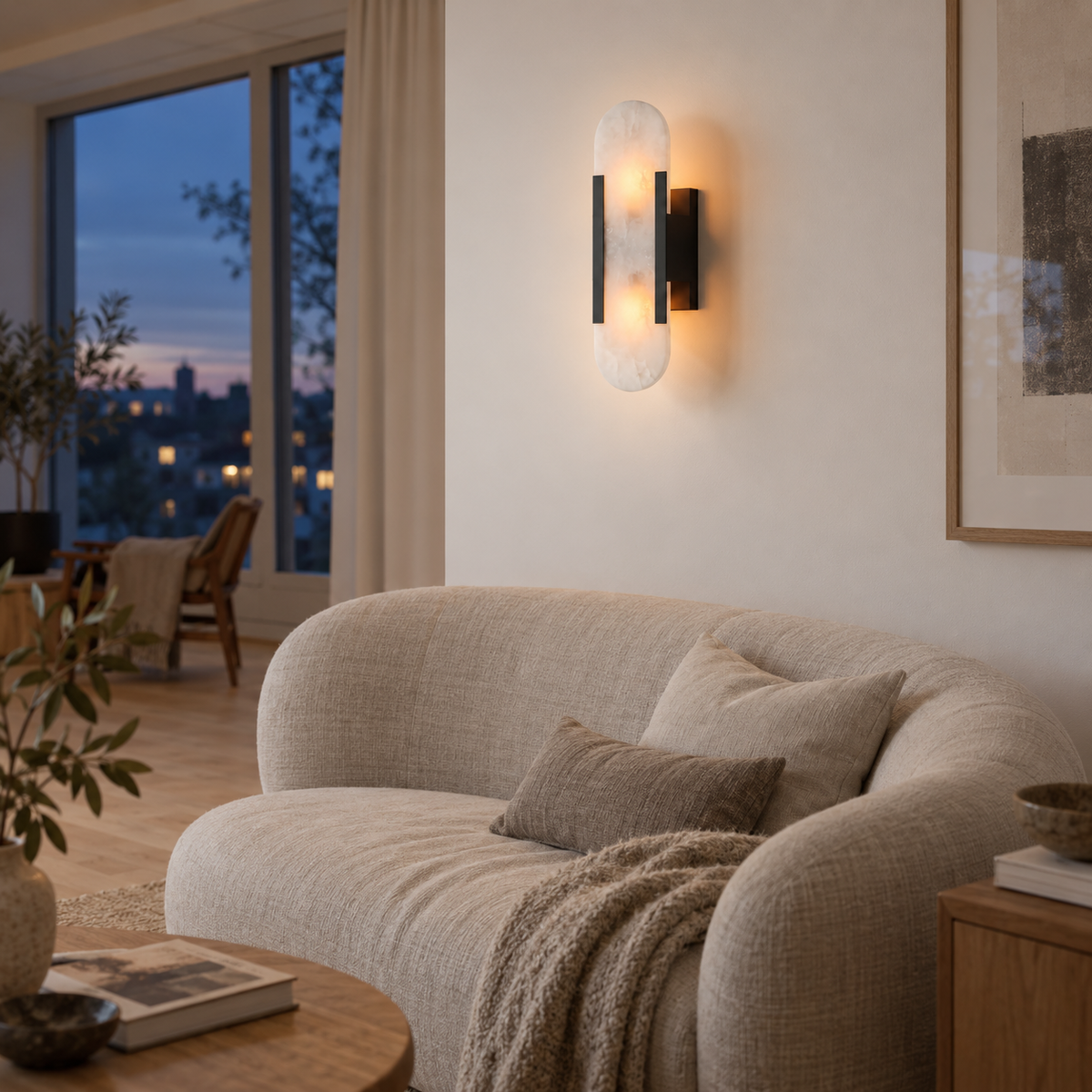 Piódão oblong alabaster wall sconce, copper finish, in a living room.