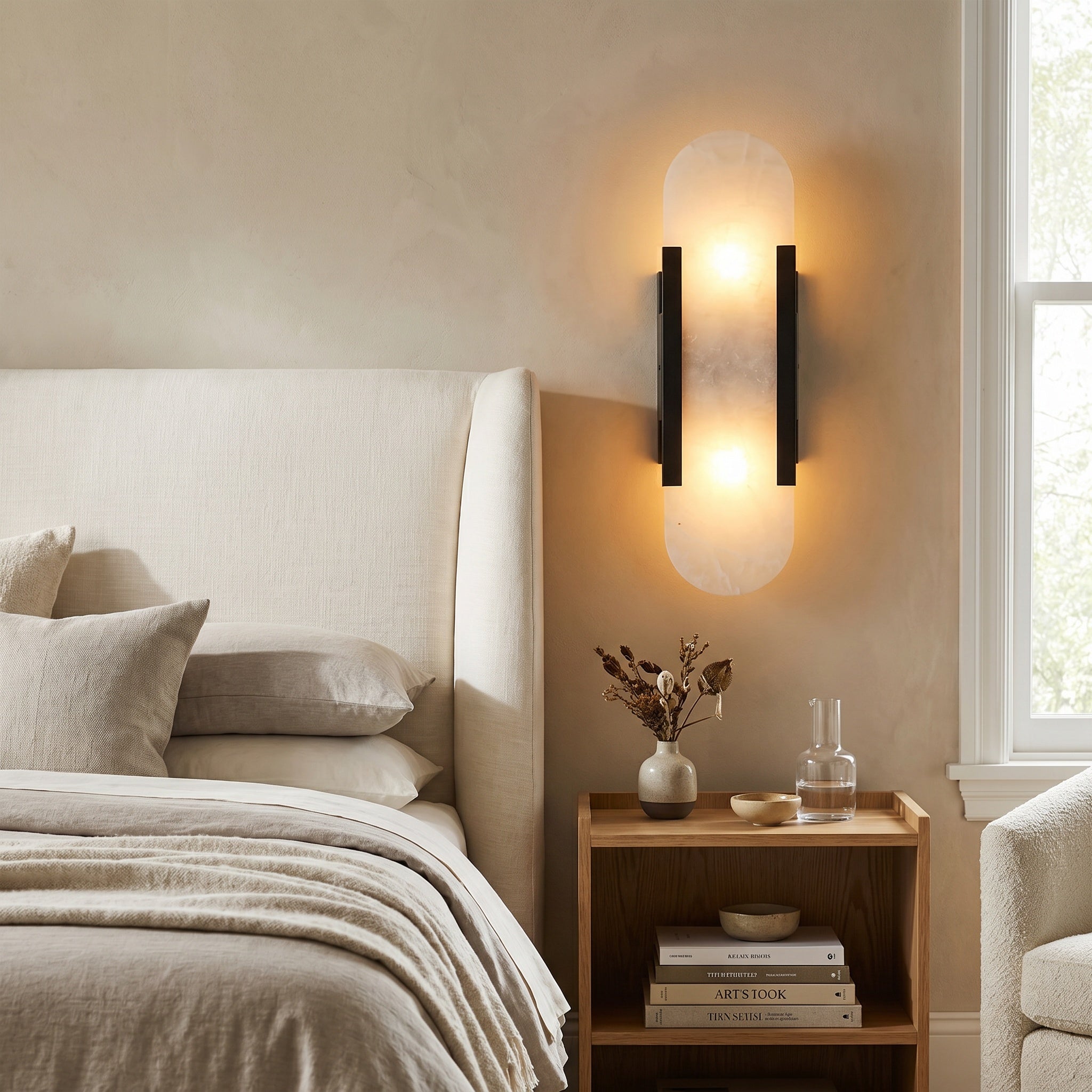 Piódão oblong alabaster wall sconce lit warm above a console table in an entryway