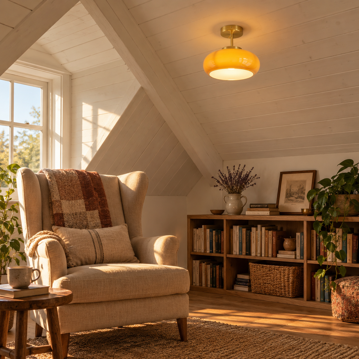 Portalegre yellow glass semi-flush ceiling light, brass finish, beside an armchair.