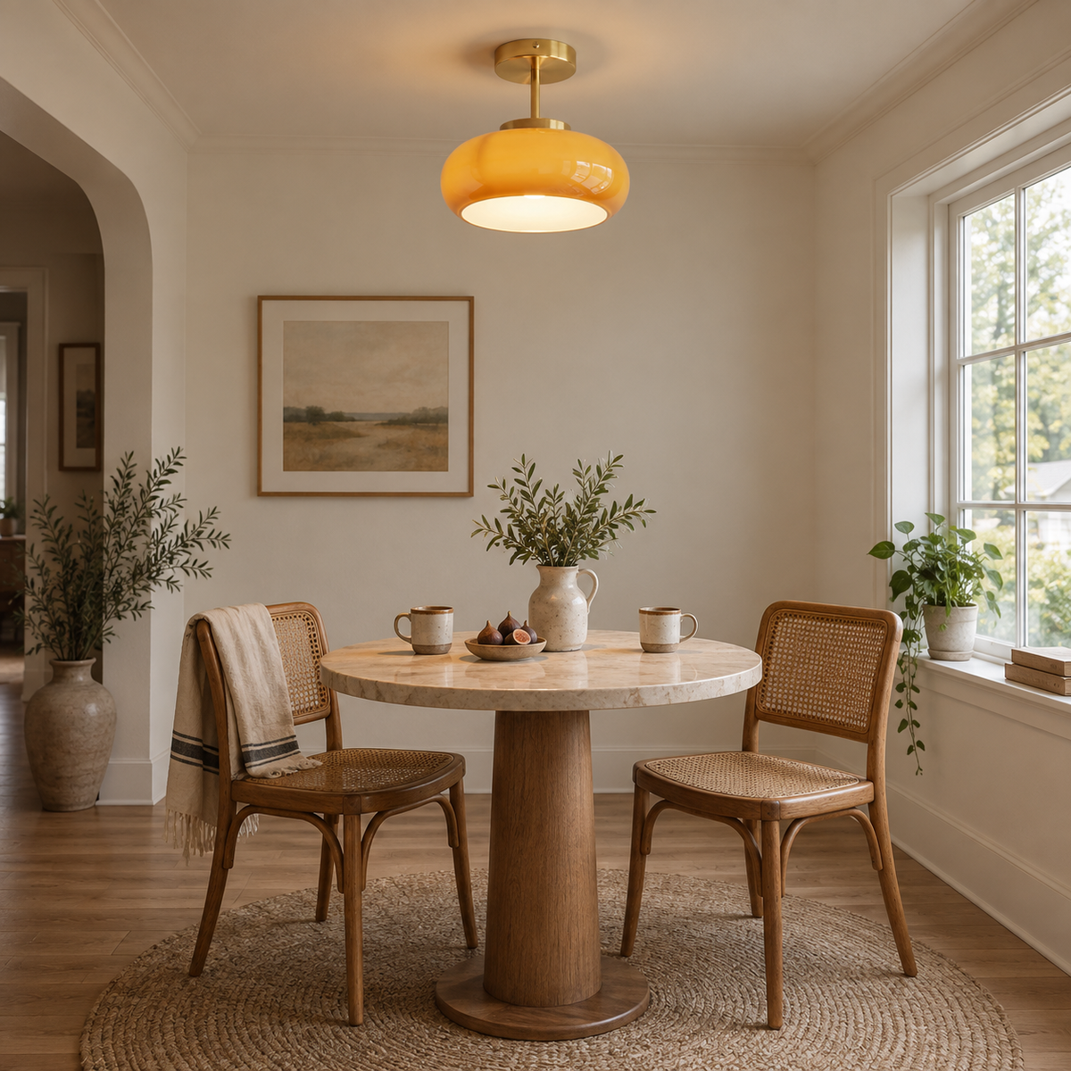 Portalegre yellow glass semi-flush ceiling light, brass finish, beside a breakfast nook table.