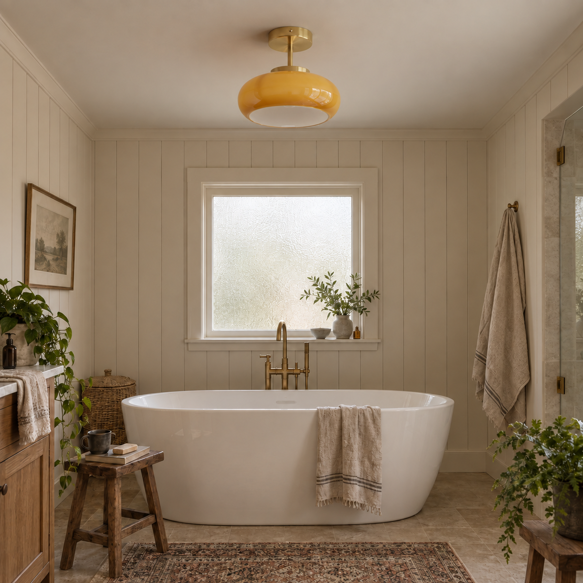 Portalegre yellow glass semi-flush ceiling light, brass finish, in a bathroom, beside a bathtub rim.