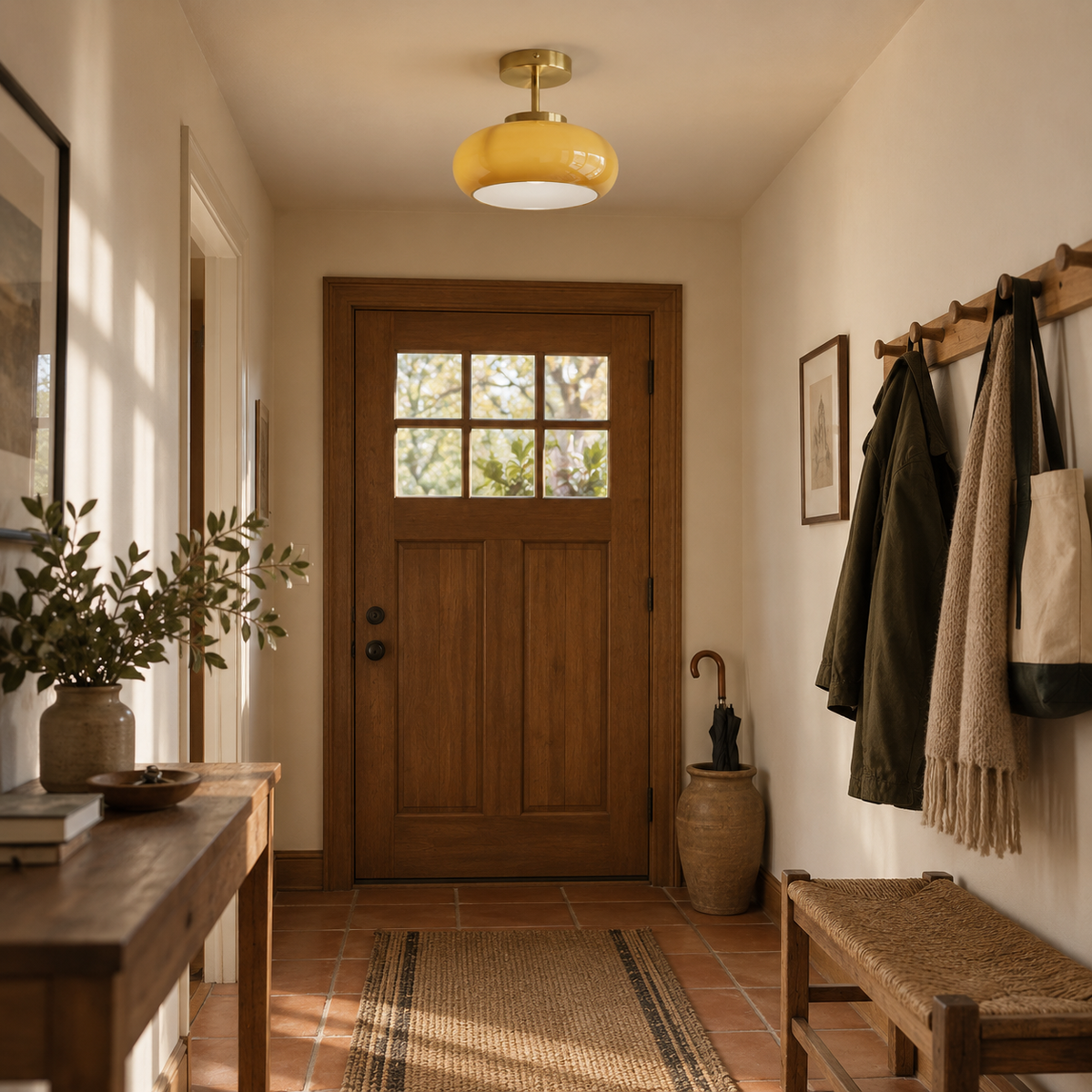 Portalegre yellow glass semi-flush ceiling light, brass finish, in a hallway.