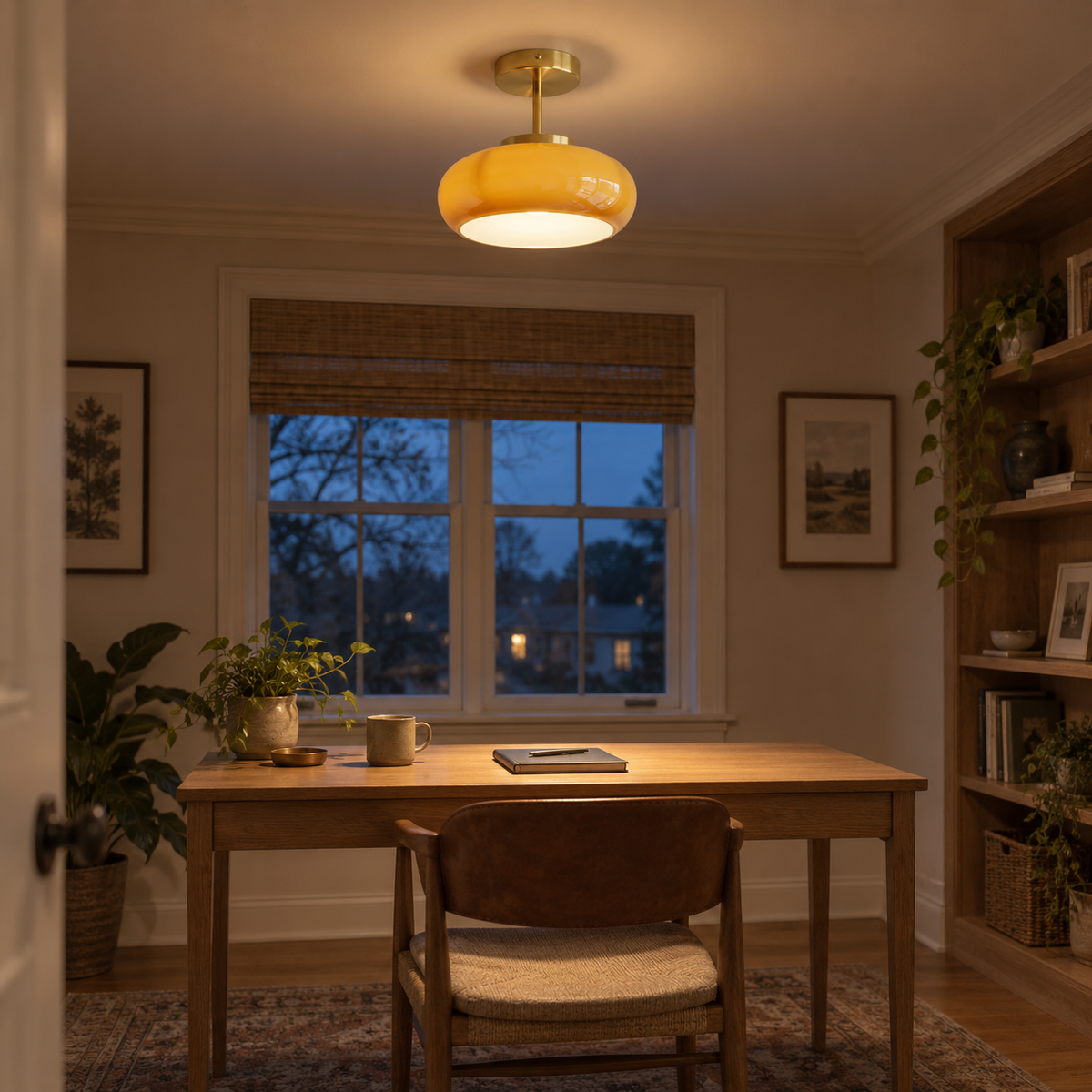 Portalegre yellow glass semi-flush ceiling light, copper finish, in a study.