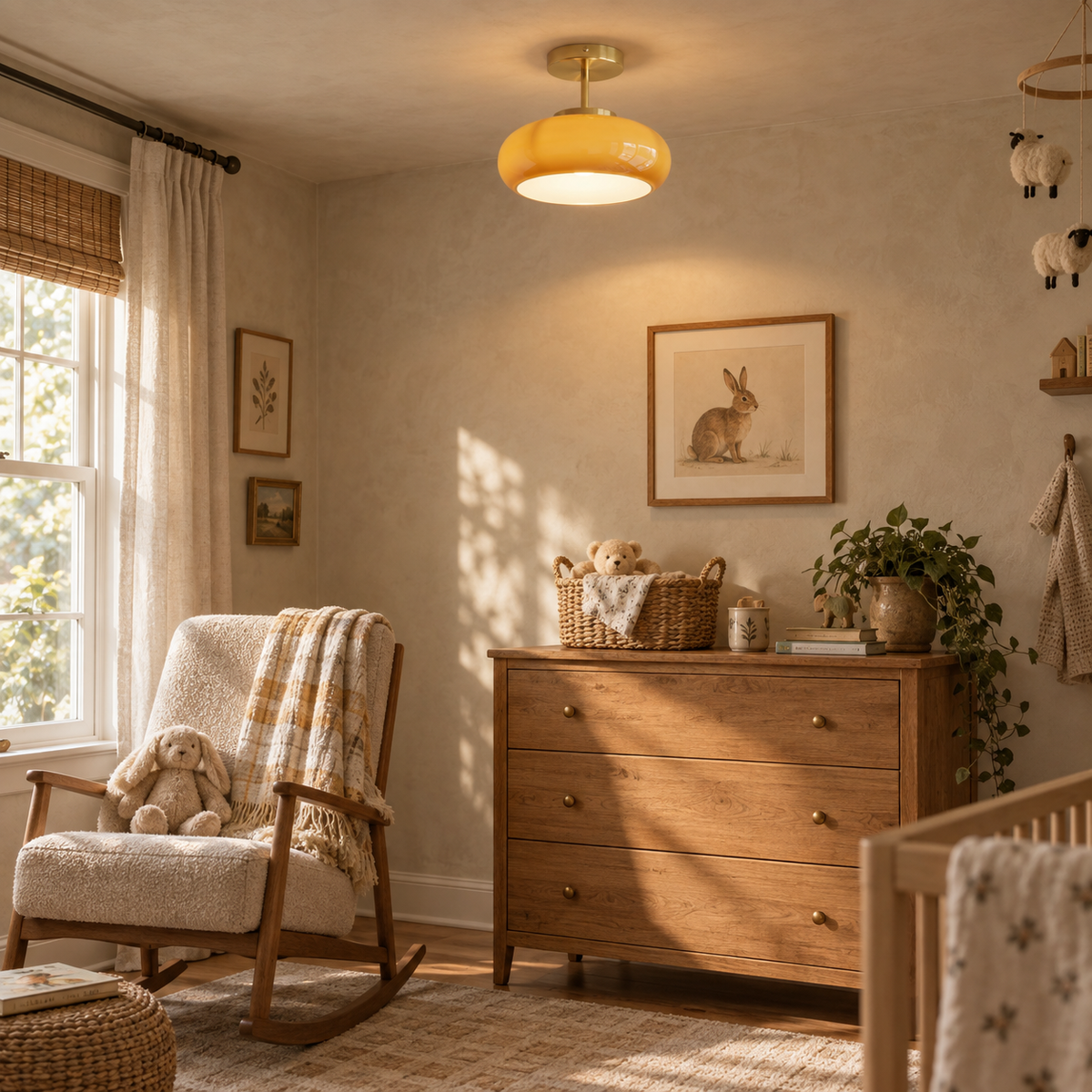 Portalegre yellow glass semi-flush ceiling light, copper finish, in a nursery.