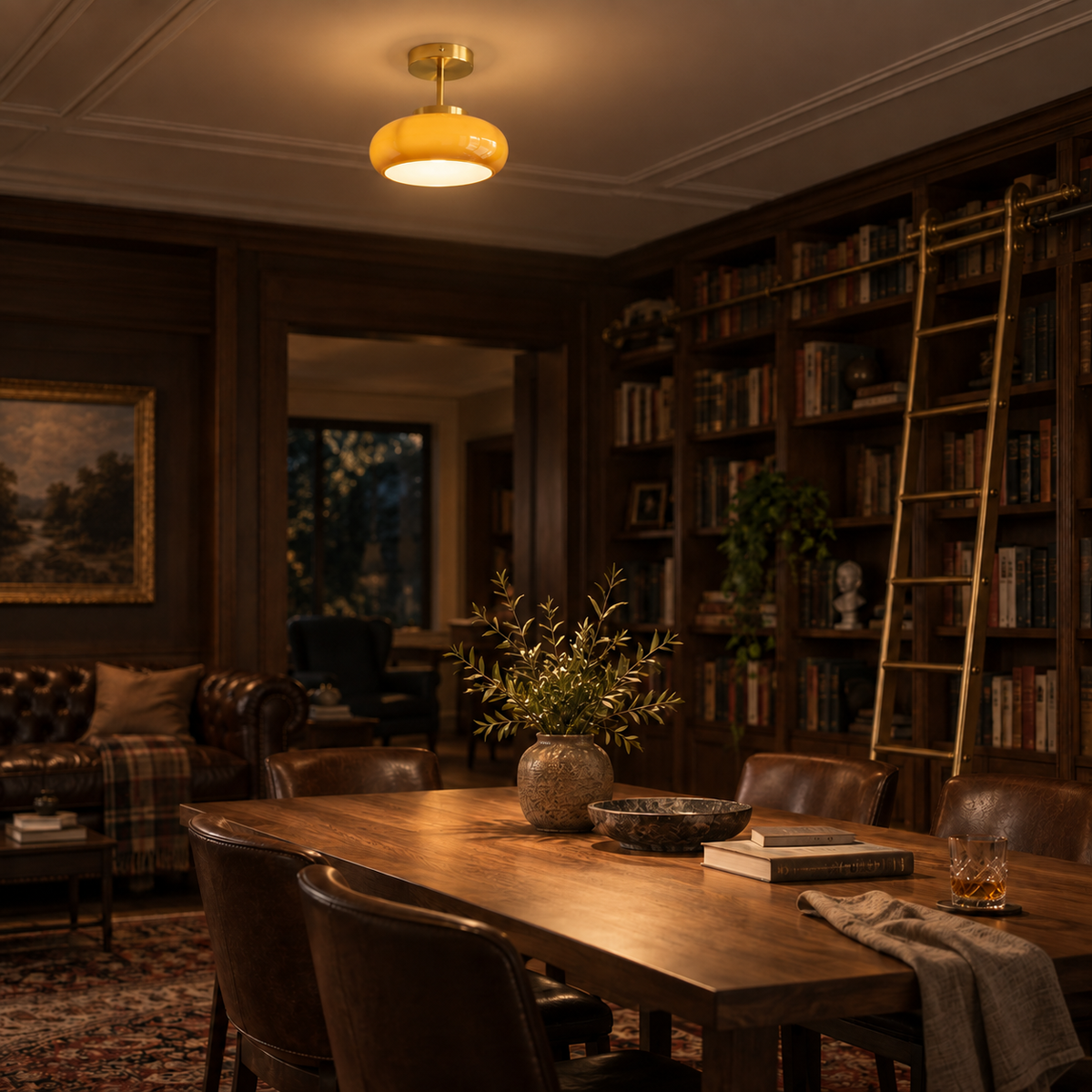 Portalegre yellow glass semi-flush ceiling light, copper finish, in a home library.